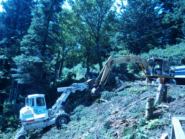 excavators and spider hoe clear the land